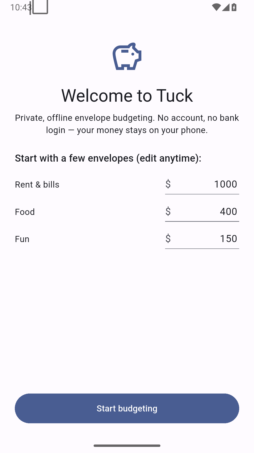 Tuck first-run screen introducing envelope budgeting