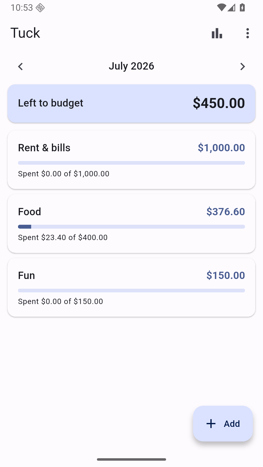 Tuck app home screen showing envelopes with money left to budget