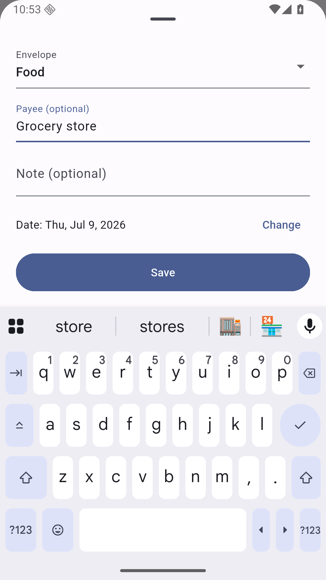 Tuck add-transaction sheet with payee and envelope suggestions